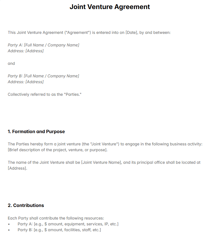 Joint Venture Agreement Template