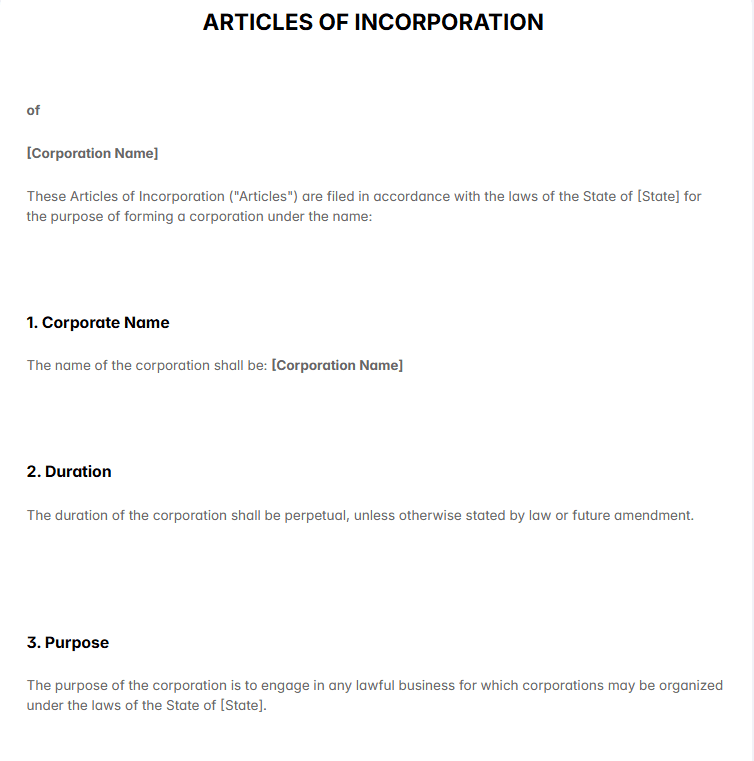 Articles of Incorporation Template