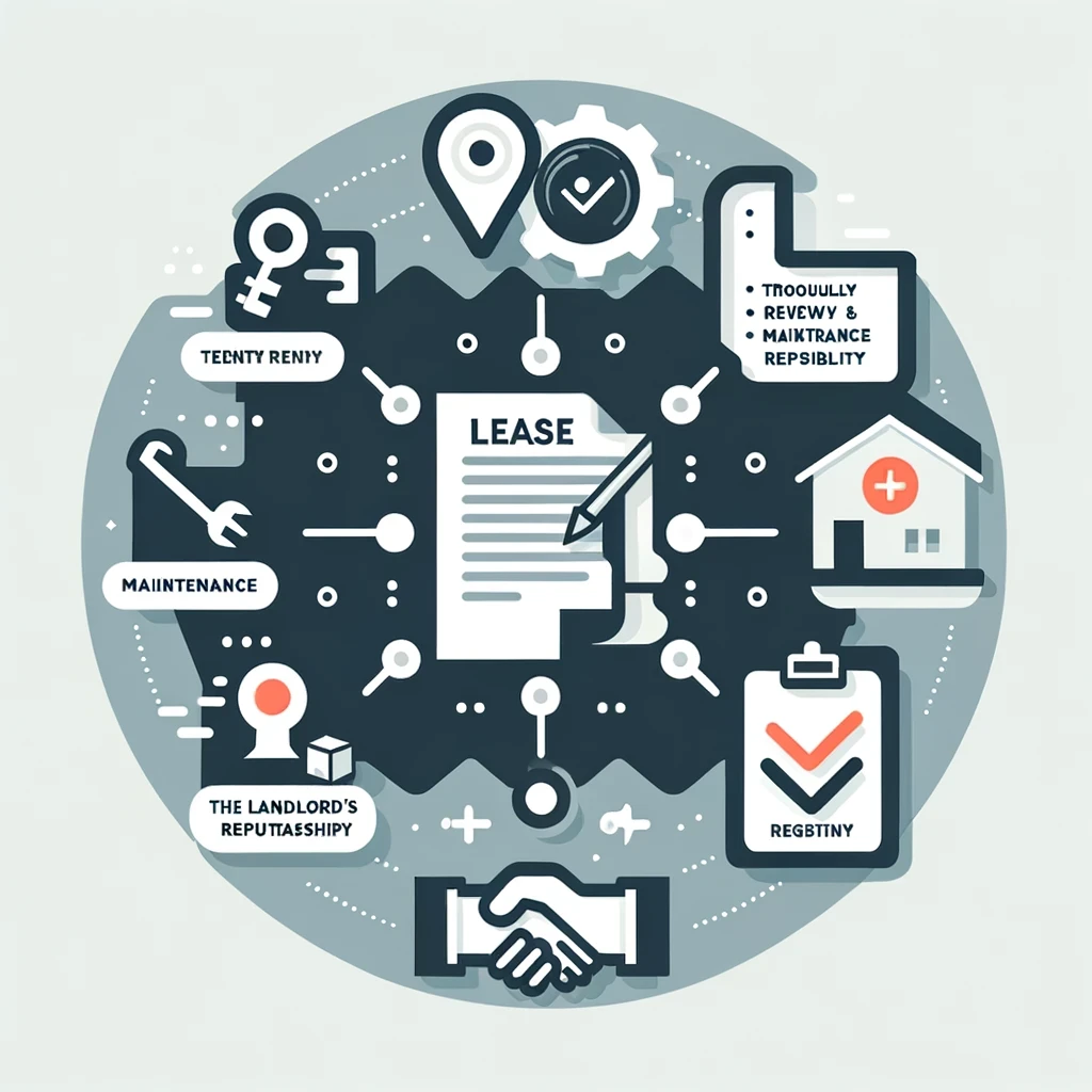 A minimalist and visually engaging image representing the essential steps a tenant should consider before signing a lease agreement, depicted without text. The illustration features four key symbols: an open document to symbolize the lease review, a toolbox indicating maintenance responsibilities, a badge for assessing the landlord's reputation, and interlocking hands to represent the formal agreement between tenant and landlord. Set against a clean, monochromatic background with selective color highlights, each symbol is strategically placed to underscore its importance in the rental process, guiding tenants through the critical considerations for a well-informed leasing decision.