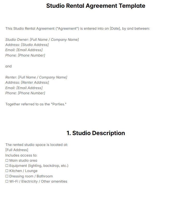 Studio Rental Agreement Template