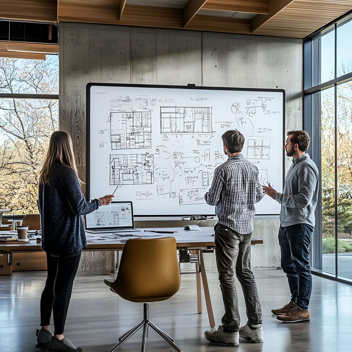 Team reviewing economic and legal risk diagrams on a large whiteboard in a modern office