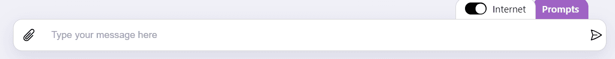 AI Lawyer chat input bar with paperclip icon, message field, and Internet/Prompts mode toggle.