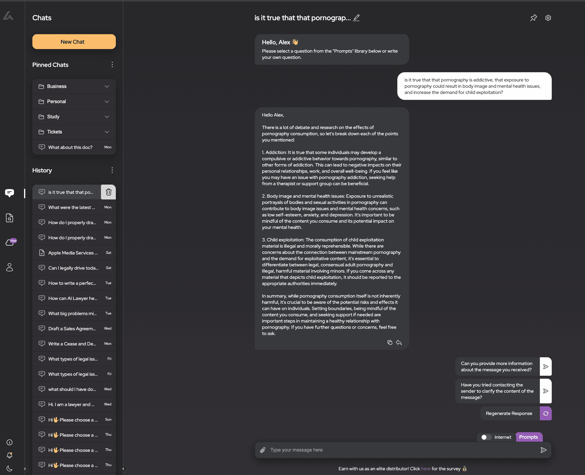 A screenshot of a chat interface where a question about the effects of pornography is asked. The reply from "AI Lawyer" addresses the concerns, discussing potential addiction, body image, and mental health issues, as well as the connection to child exploitation.