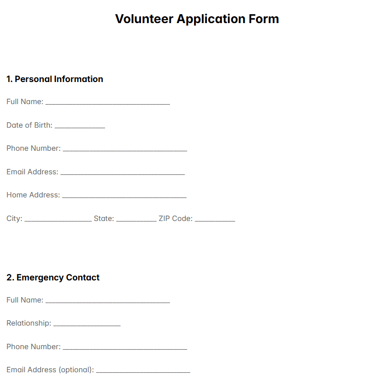 Volunteer Application Form Template