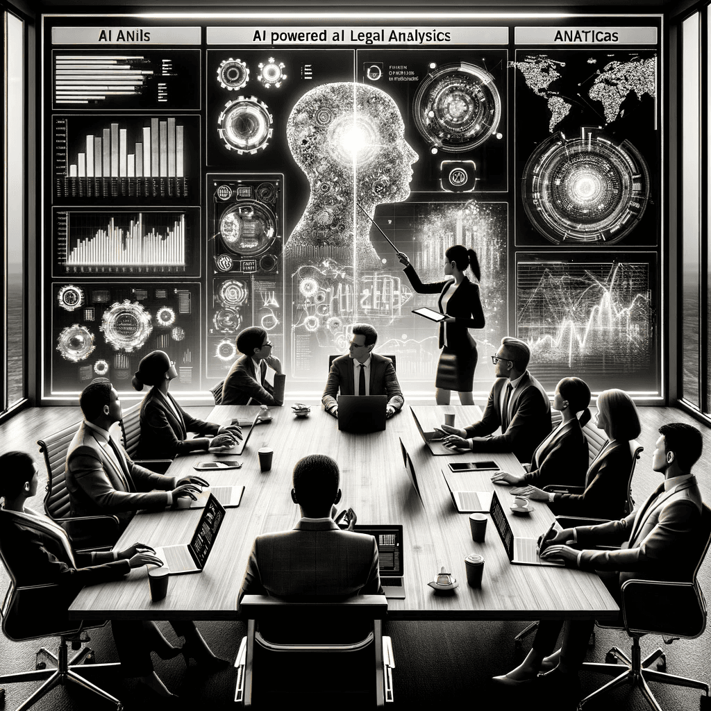 A team of legal professionals engaged in a strategy meeting, utilizing AI-powered analytics displayed on a large screen, highlighting the collaborative decision-making process and the significant role of AI in enhancing legal strategies and risk assessments.