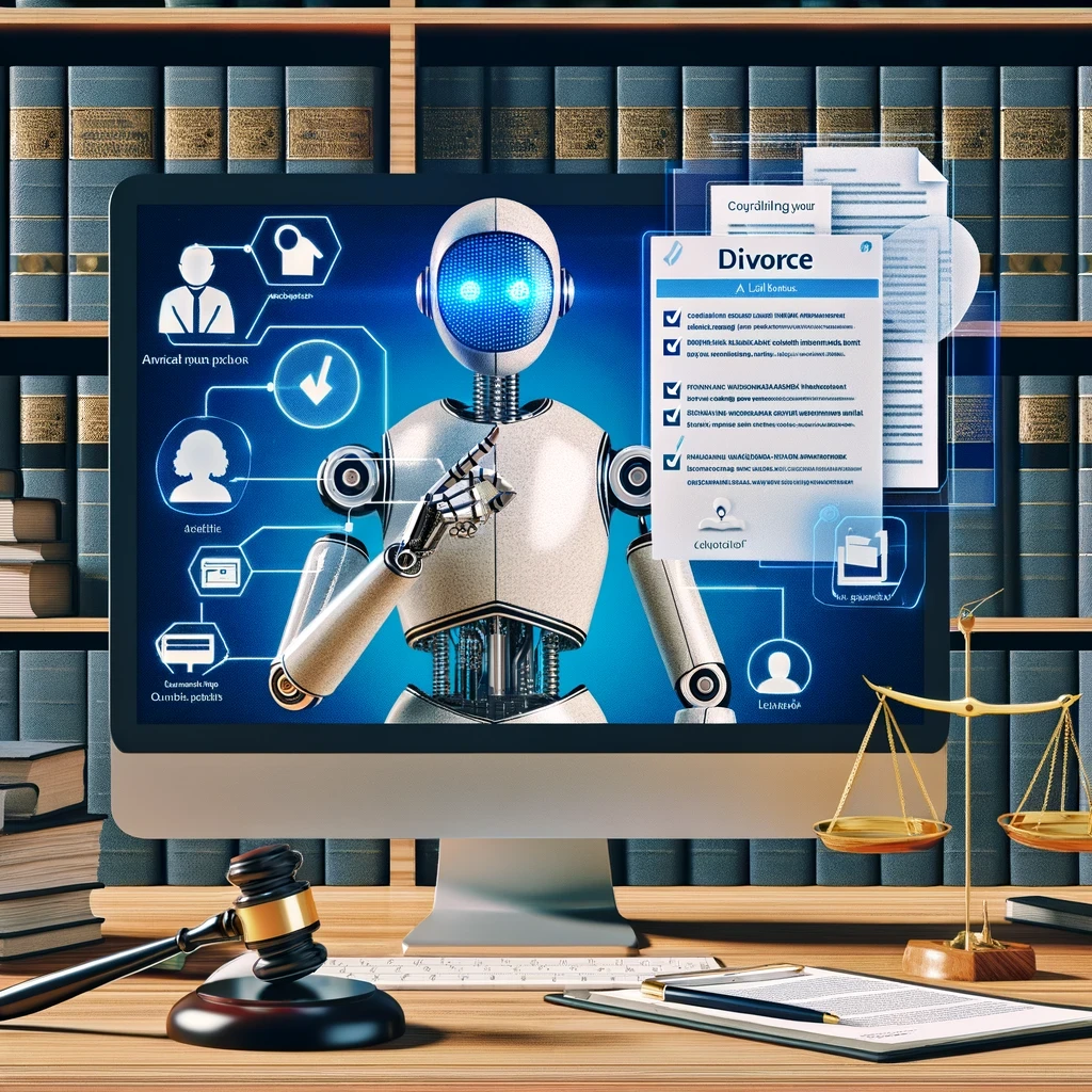 An image showing an AI Lawyer interface comparing two legal documents for a divorce case, with annotations indicating optimizations. Visual symbols of AI technology, like code and neural networks, emphasize the intelligent and tailored assistance in preparing legal documents, showcasing the seamless integration of technology in simplifying complex legal tasks.
