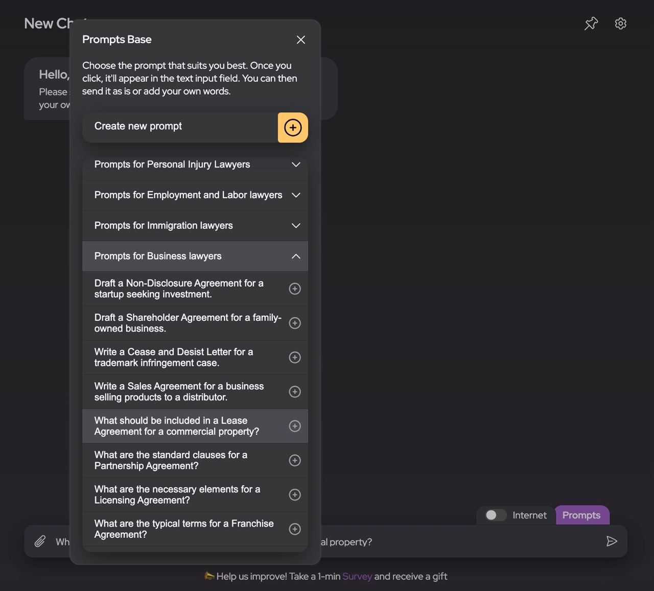 AI Lawyer offers many prompts from any legal spheres