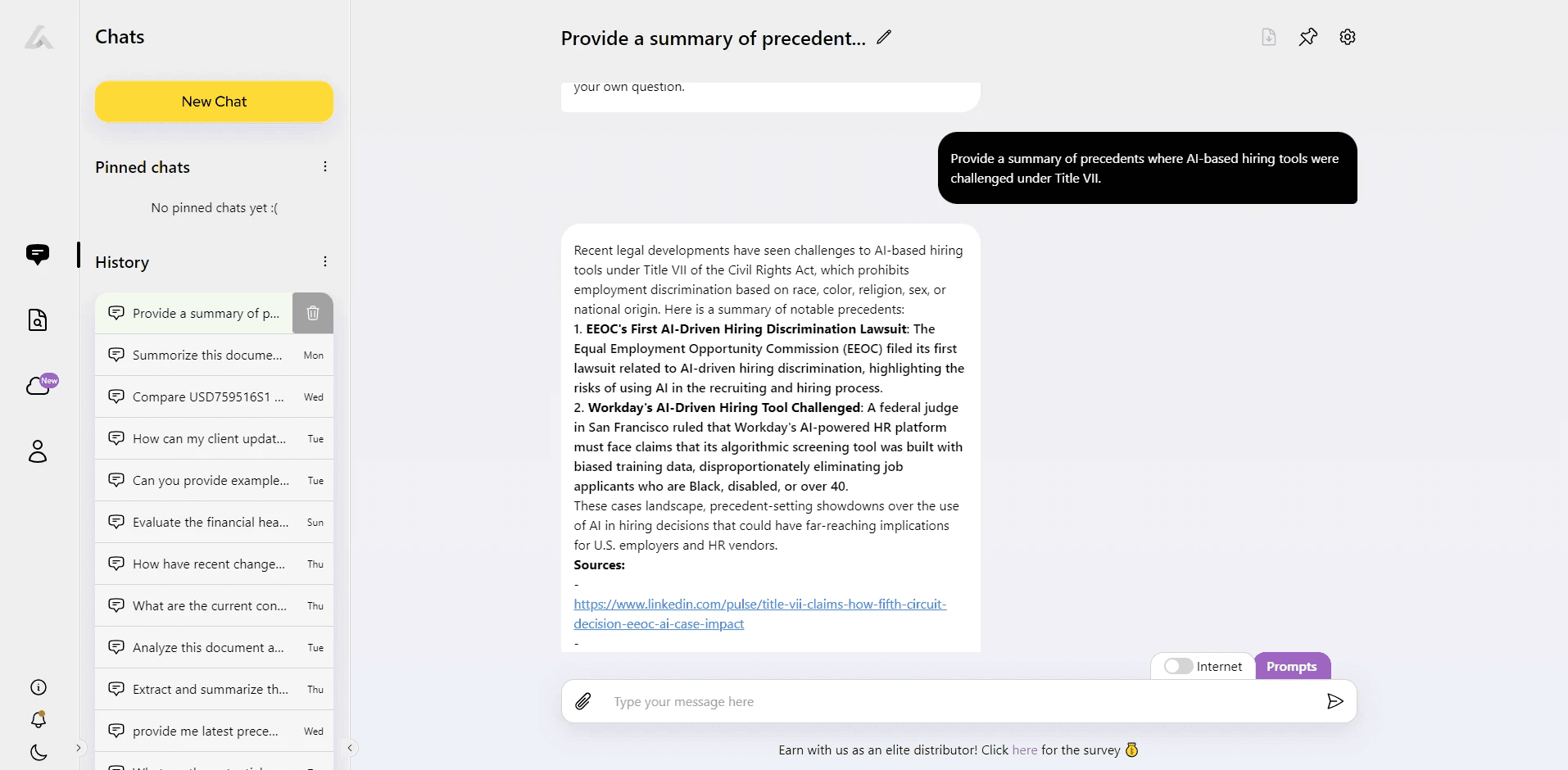 Screenshot of AI Lawyer chat in Internet mode answering a query about precedents challenging AI-based hiring tools under Title VII with case summaries.