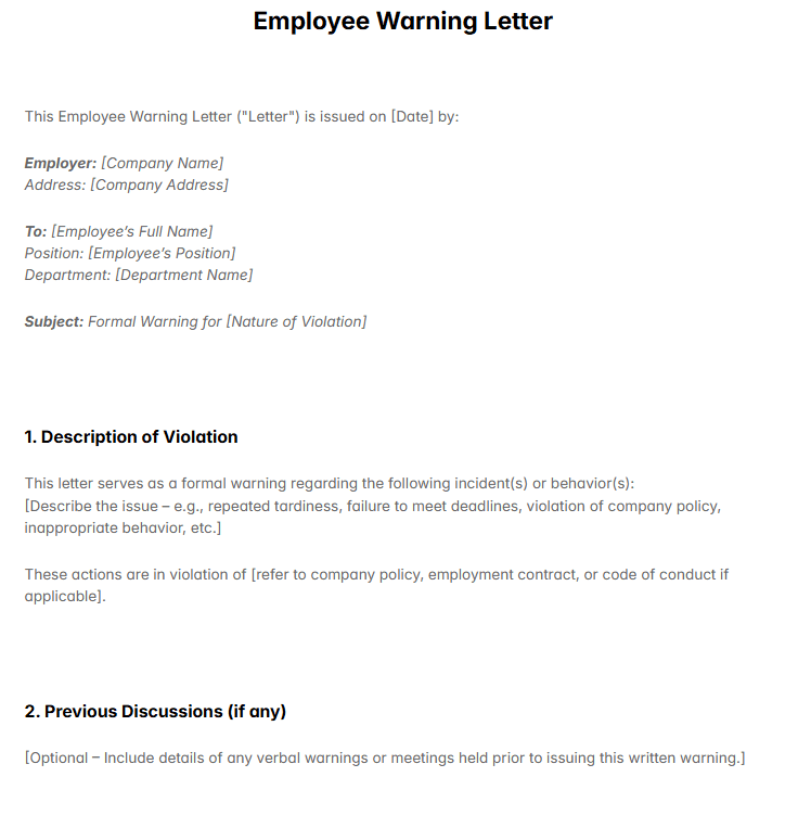 Employee Warning Letter Template