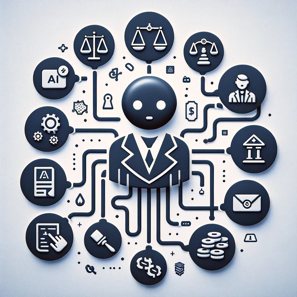  A sleek and minimalistic flowchart depicting an AI Legal Assistant at the center, surrounded by various types of lawyers, each represented by a unique icon. Icons include a balance scale for Family Lawyers, a bandage for Personal Injury Lawyers, a handshake for Employment and Labor Lawyers, a passport for Immigration Lawyers, a building for Business Lawyers, a dollar sign for Tax Lawyers, a house for Real Estate Lawyers, a patent symbol for IP Lawyers, and a gavel for Criminal Defense Lawyers. Lines connect the central AI Legal Assistant to each lawyer type, emphasizing the network and support system within the legal field.
