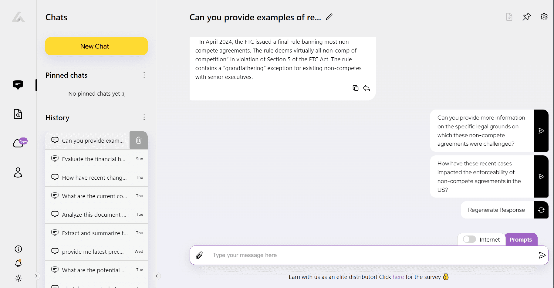 Screenshot of AI Lawyer chat in Internet mode showing a query about recent non-compete cases, AI’s summary answer, and suggested follow-up questions.