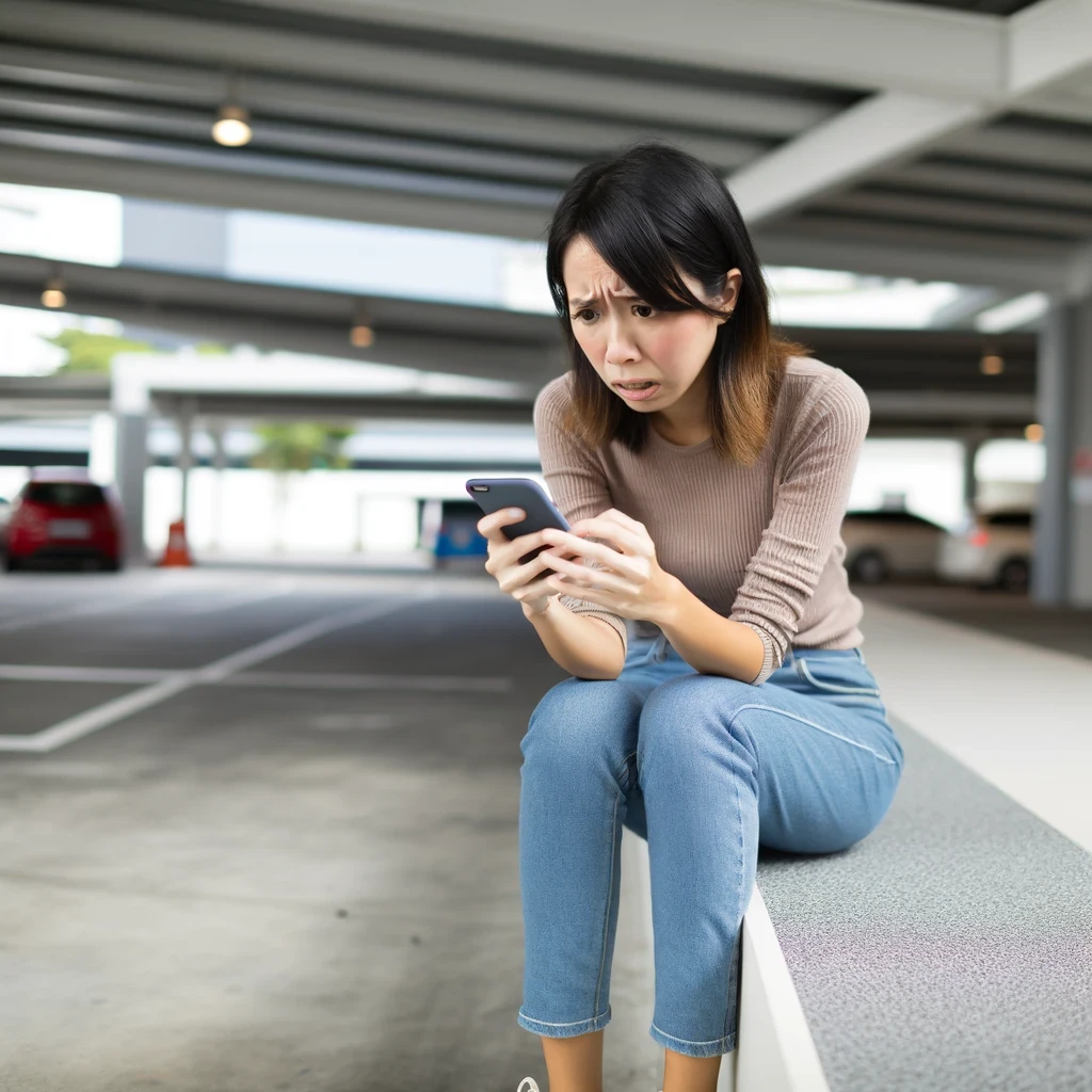 A realistic and professional image of a distressed young woman sitting on a low wall, nervously looking at her phone. She is wearing casual clothes and appears anxious. The background shows a parking lot with a few cars and the entrance of a shopping mall. The overall mood is tense and worried, indicating a stressful situation.