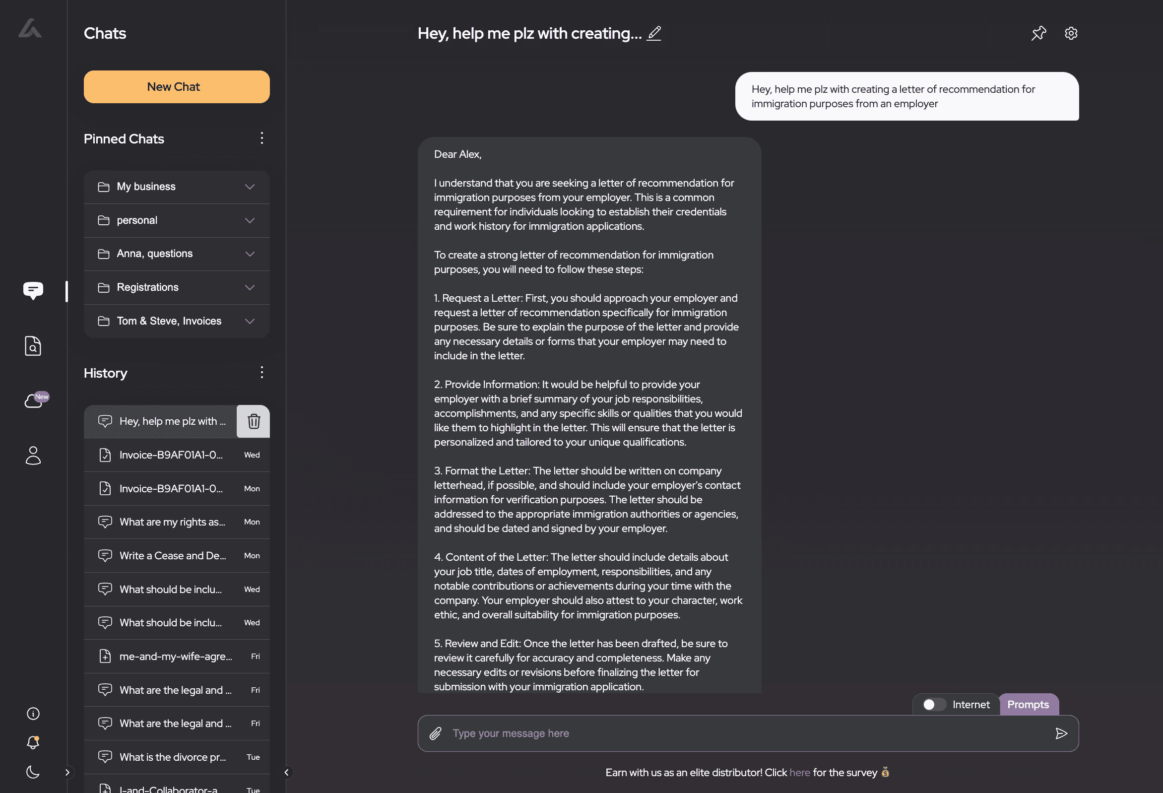 screenshot from the AI Lawyer with recomendation letter for immigration