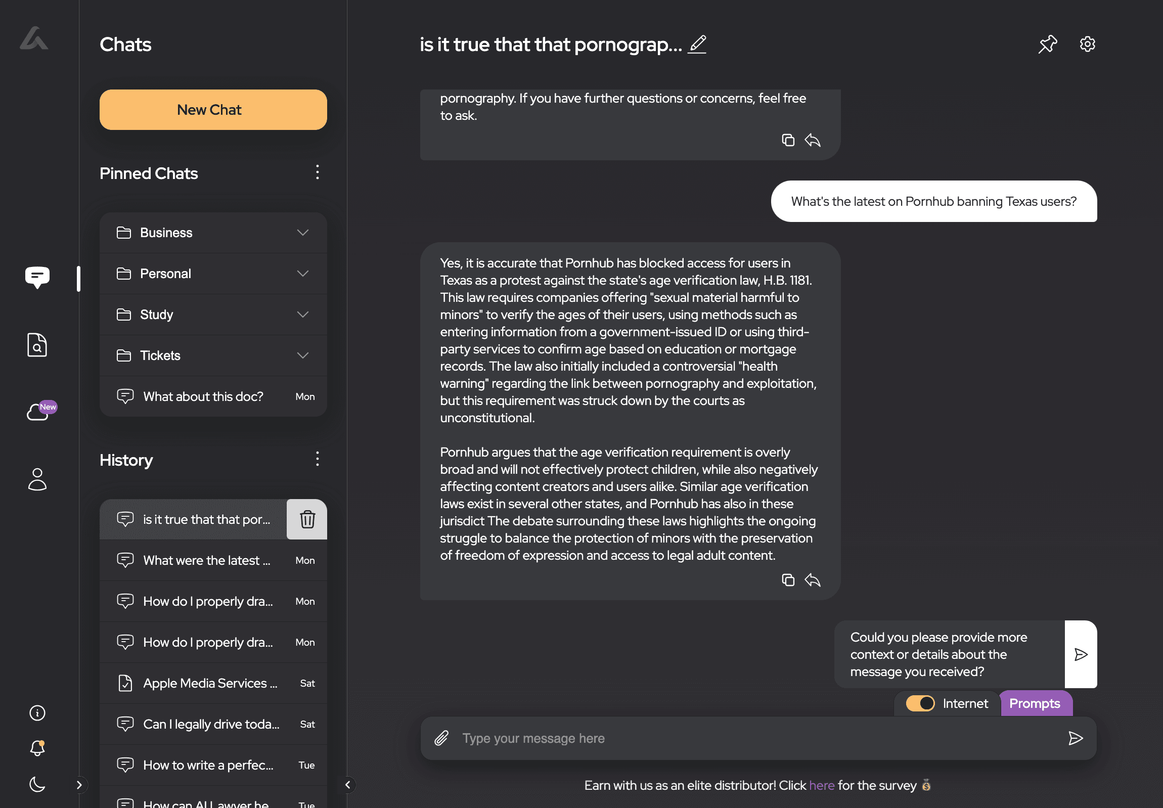A continuation of the chat interface screenshot showing a query about the latest updates on Pornhub banning Texas users. The response from "AI Lawyer" details the implications of the new Texas age verification law and Pornhub's response to it.