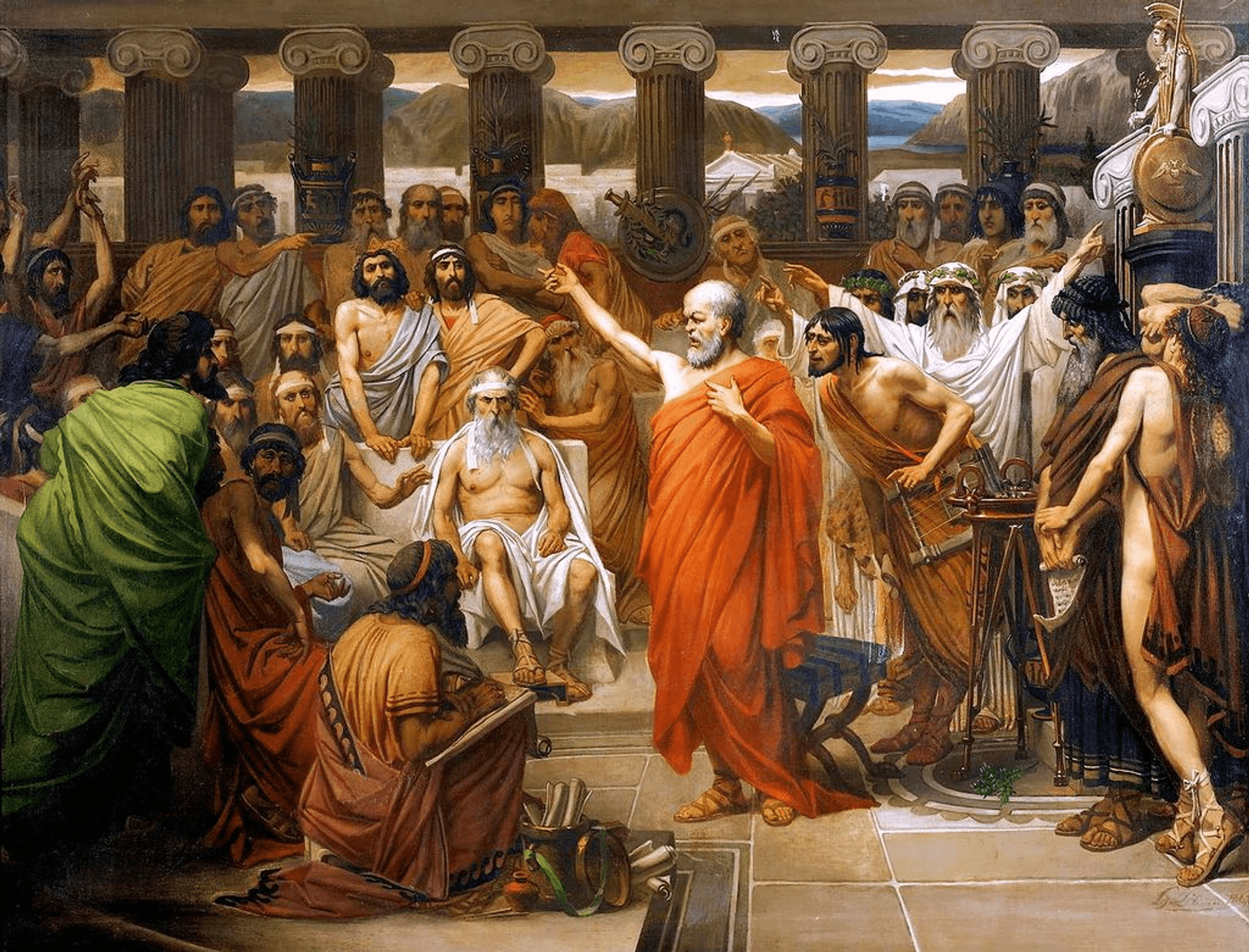 The trial of Socrates took place in Athens in 399 B.C. The philosopher Socrates was accused of "impiety" and "corrupting the youth"; he was charged with refusing to honor the gods of his native polis and inventing new deities. The real reasons for bringing Socrates to trial were, apparently, his connections with oligarchy representatives (in particular, with Critias and Alcibiades) and his criticism of a number of democratic institutions.