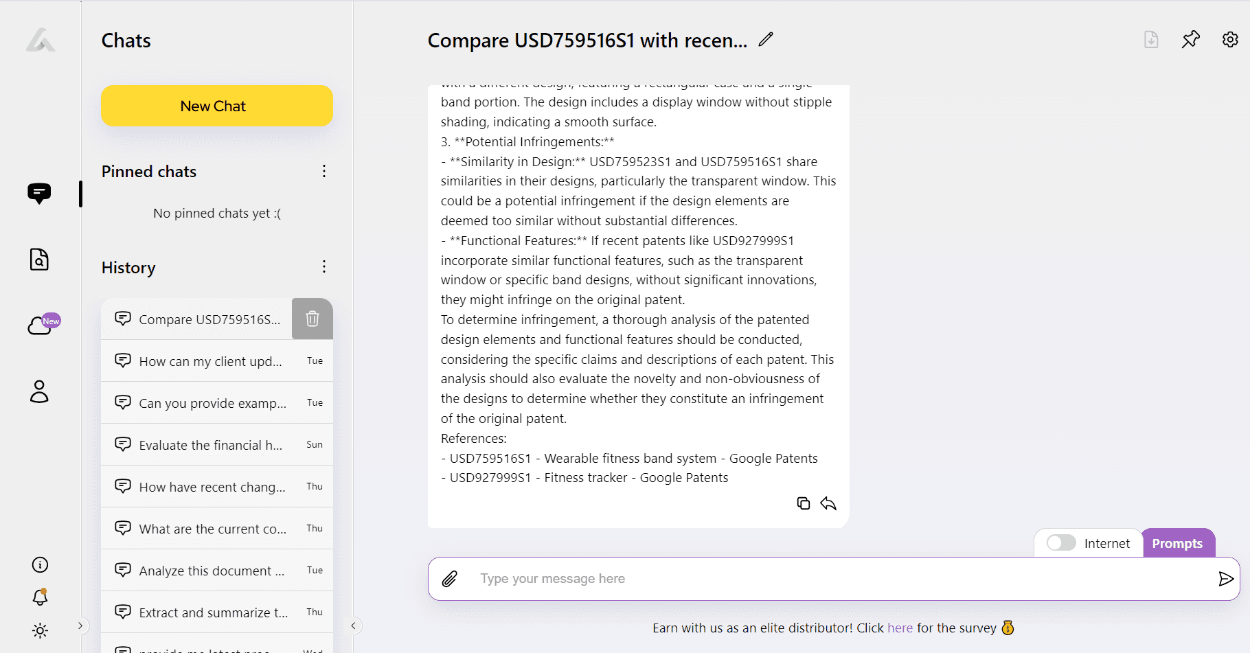 Screenshot of AI Lawyer chat comparing patent USD759516S1 with recent wearable fitness patents, showing analysis of potential infringements and references.