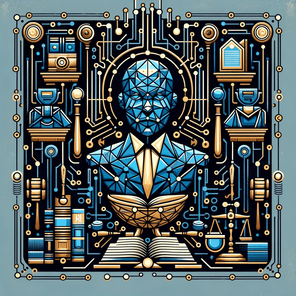 A sophisticated geometric illustration titled 'AI Lawyer: A Game Changer for the Legal Industry'. Central to the composition is a complex geometric figure representing the AI Lawyer, framed by stylized legal symbols including a gavel, scales of justice, and a law book