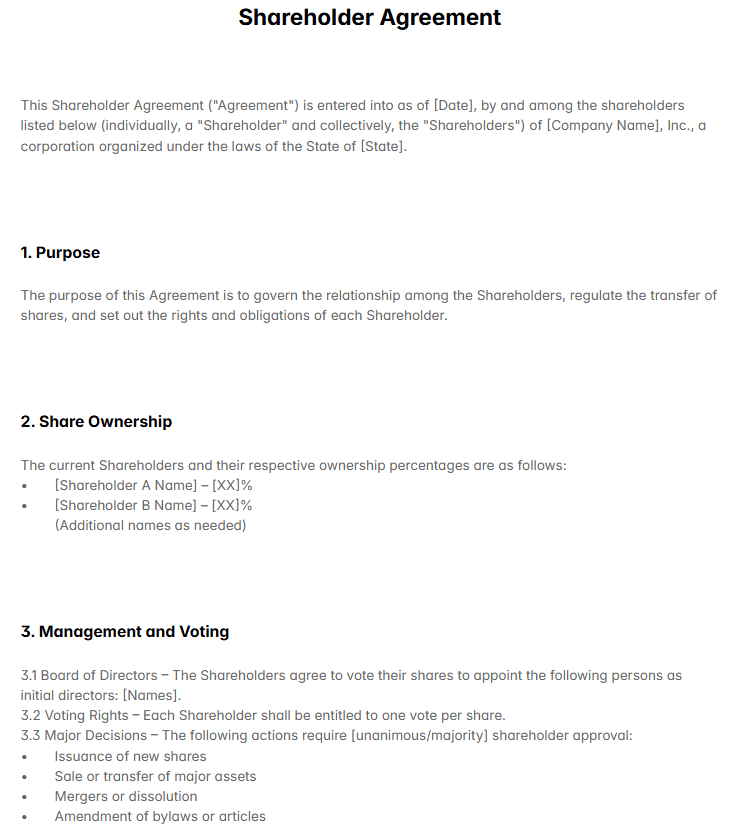 Shareholder Agreement Template