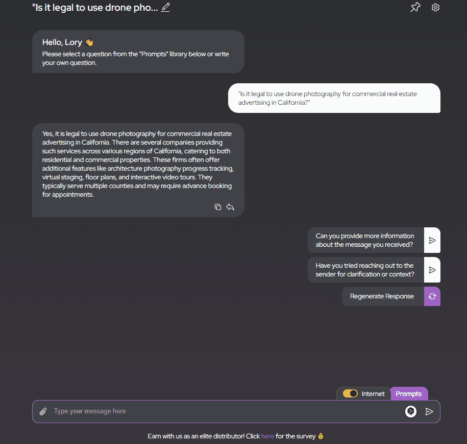 A user interface showing a response from an AI legal assistant to the query, "Is it legal to use drone photography for commercial real estate advertising in California?" The AI provides an informative response stating the legality and mentioning the services offered, like architecture photography progress tracking and virtual tours, requiring advance booking.