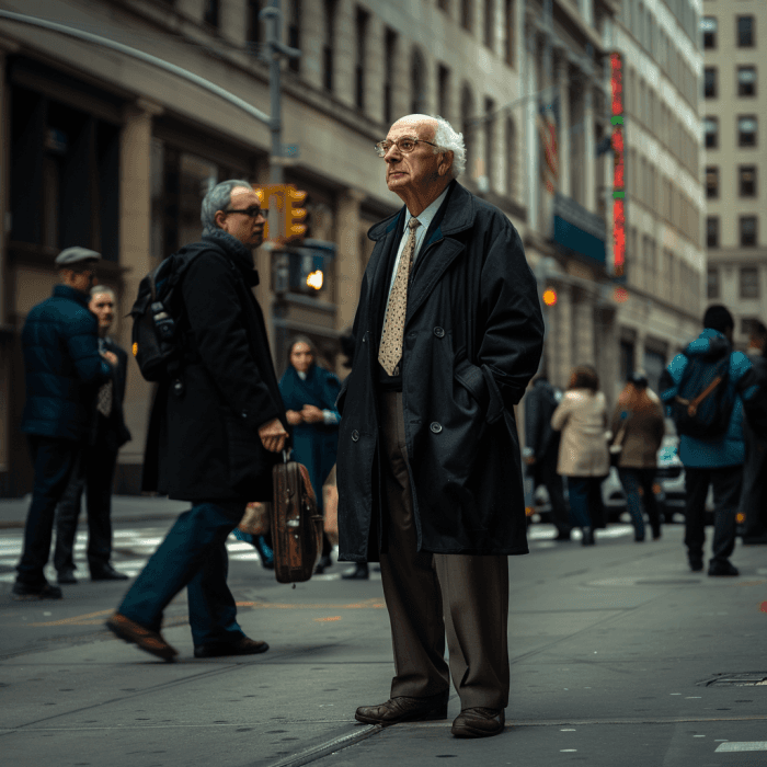 In the bustling city streets, an archetype of traditional legal professionalism stands with a composed demeanor. Dressed in a classic long overcoat over a suit, complete with a tie and neatly polished shoes, he holds the air of seasoned wisdom. This could very well be a portrait of a veteran lawyer, possibly reminiscing about the ebbs and flows of a longstanding career in law, or preparing for another case, his briefcase a repository of legal briefs and precedents. His glasses hint at years spent scrutinizing the fine print, and his posture suggests a lifetime of upholding the scales of justice.