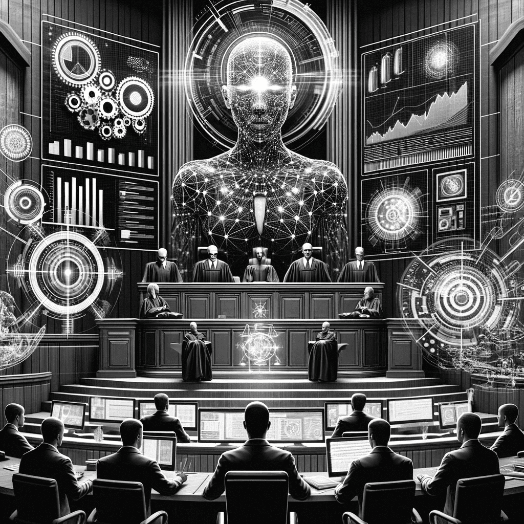 Futuristic courtroom scene in black and white, showcasing lawyers, judges, and AI-powered tools interacting with holographic legal documents and data analysis, symbolizing the integration of AI in revolutionizing legal practices.