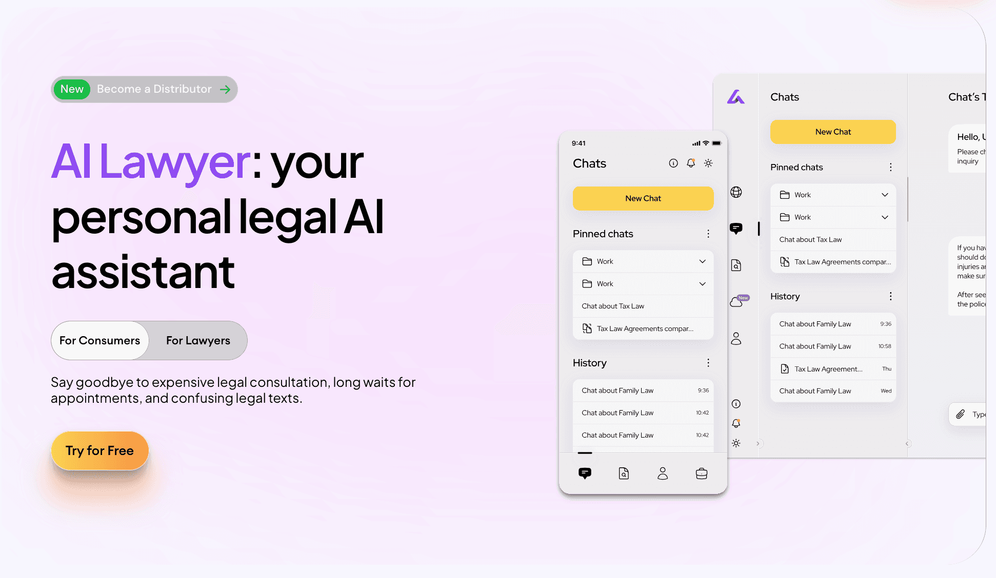 Screenshot of AI Lawyer homepage showing tagline “your personal legal AI assistant”, chat-style interface mockups, and a Try for Free button.