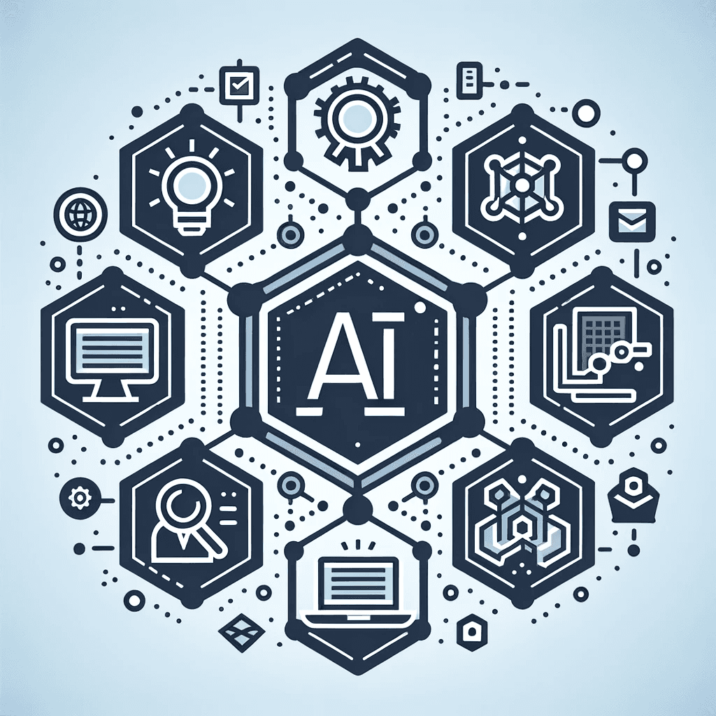 A simplified geometric style illustration for 'How AI is Used in Law Firms', featuring a collage of interconnected hexagons, pentagons, and rectangles. Each shape contains an icon representing different AI applications such as e-discovery, legal research, and case management. 