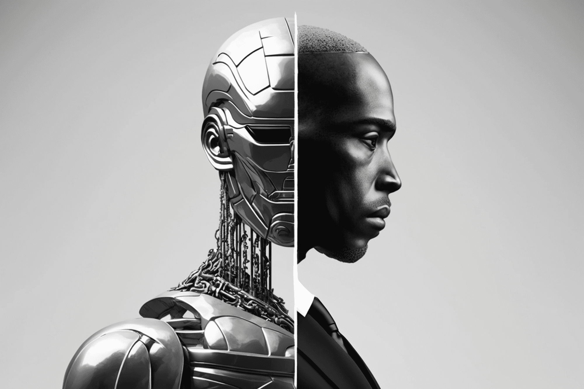 Digital artwork juxtaposing half of a human lawyer's profile in a suit with half of a humanoid robot's head, illustrating the comparison between AI lawyers and human lawyers
