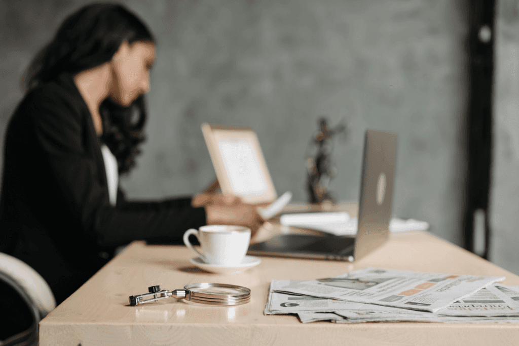 Lawyer working at a desk with legal documents.