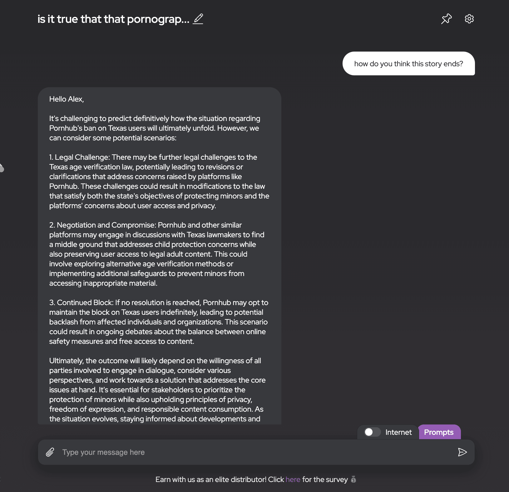 A screenshot of a chat interface where "AI Lawyer" is providing a response to the query "how do you think this story ends?" with a detailed explanation of potential outcomes regarding Pornhub's ban on Texas users, including legal challenges, negotiation and compromise, and the possibility of the continued block.