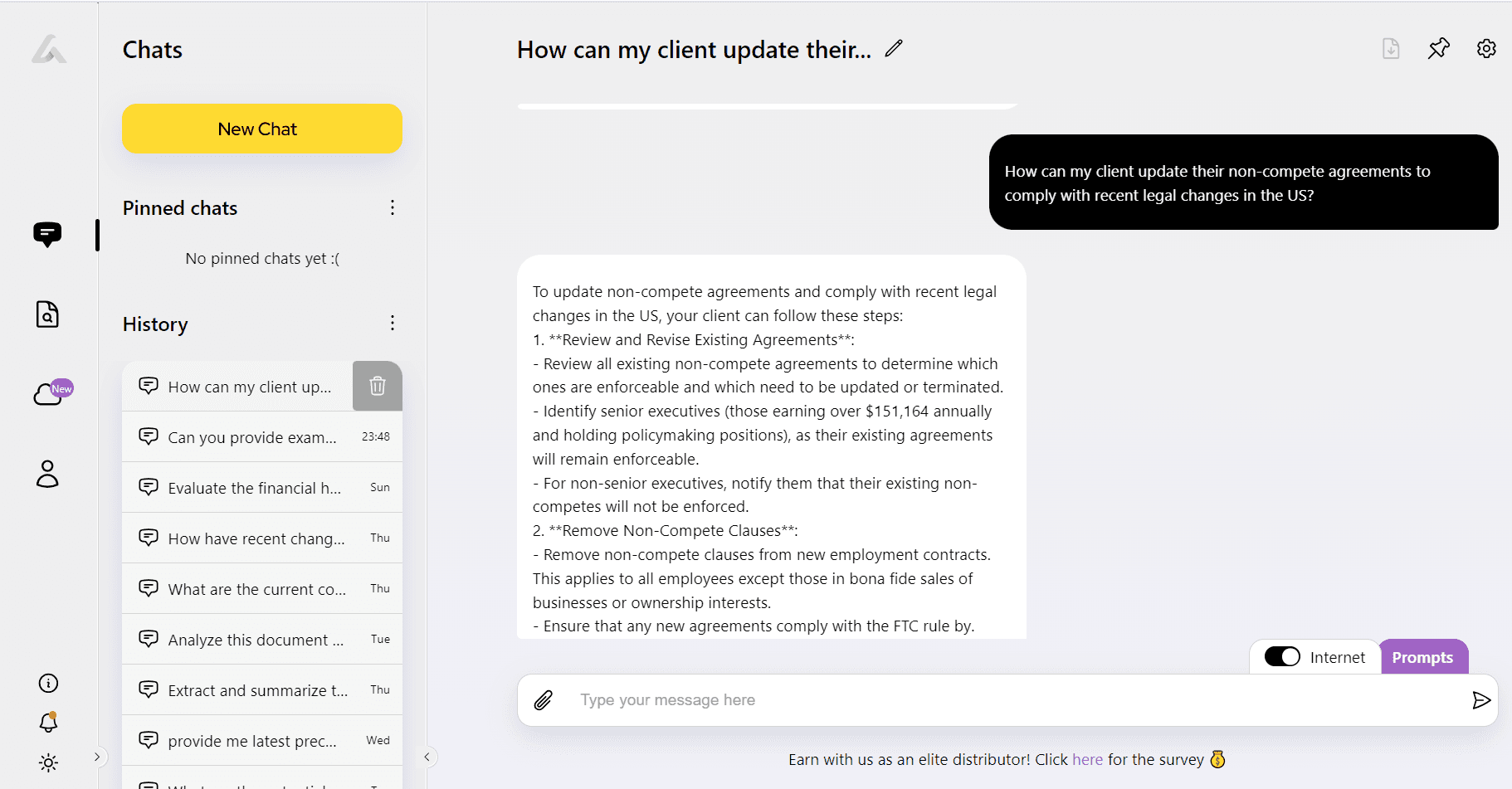 Screenshot of AI Lawyer answering a question on updating non-compete agreements in the US, with Internet mode enabled in the chat interface.