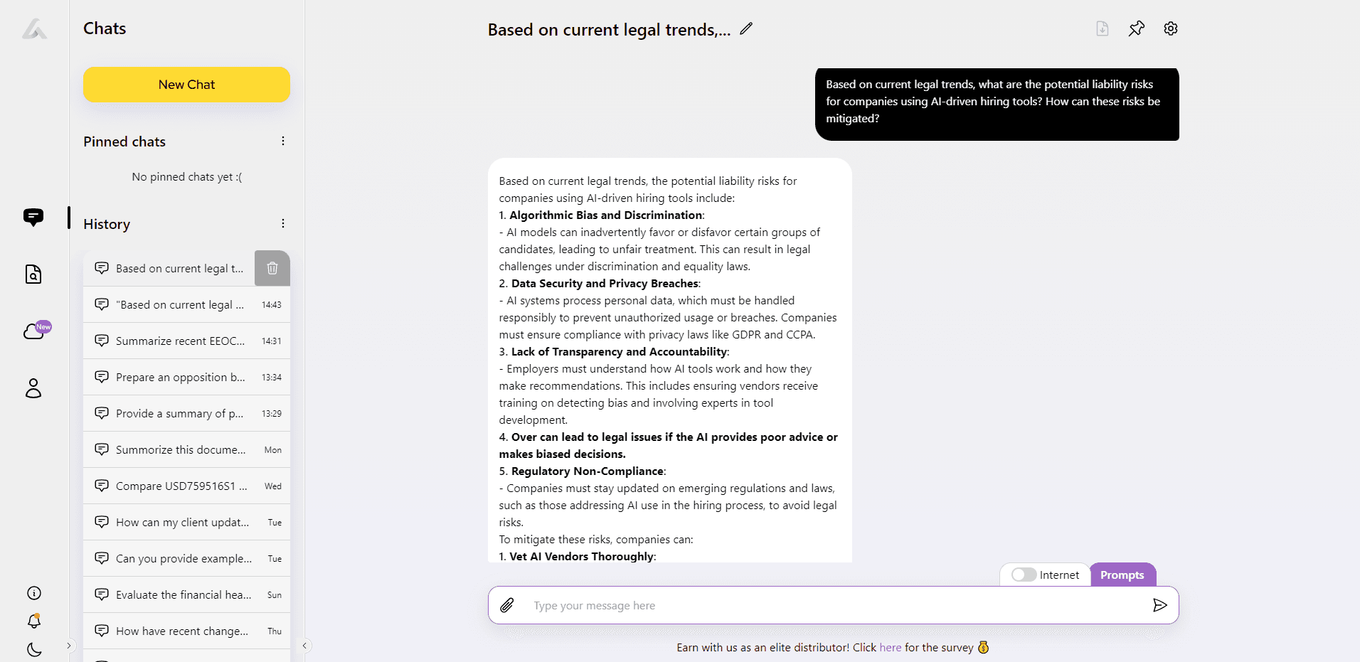 AI Lawyer chat showing answer about liability risks and mitigation for companies using AI-driven hiring tools, used for legal risk assessment.