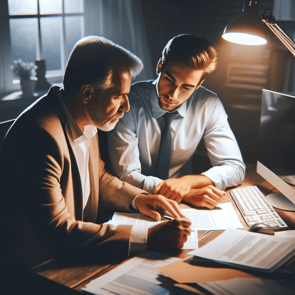 A mentor and applicant collaborate on a letter of recommendation at a desk, discussing goals and achievements in a supportive and focused environment, illuminated by a lamp.