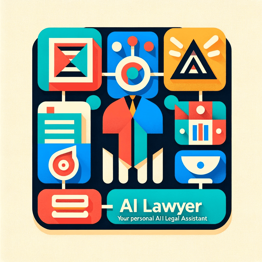 A digital illustration in a simplified geometric style titled 'AI Lawyer: Your Personal AI Legal Assistant.' The image features a stylized interface with bold geometric shapes and vibrant colors.