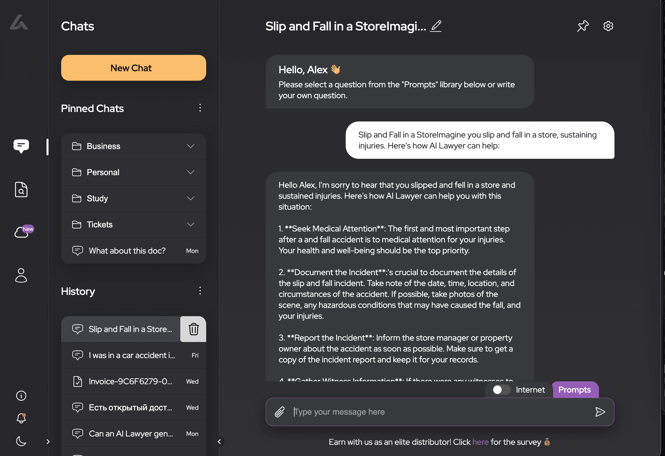 deminstration screen from AI Lawyer app