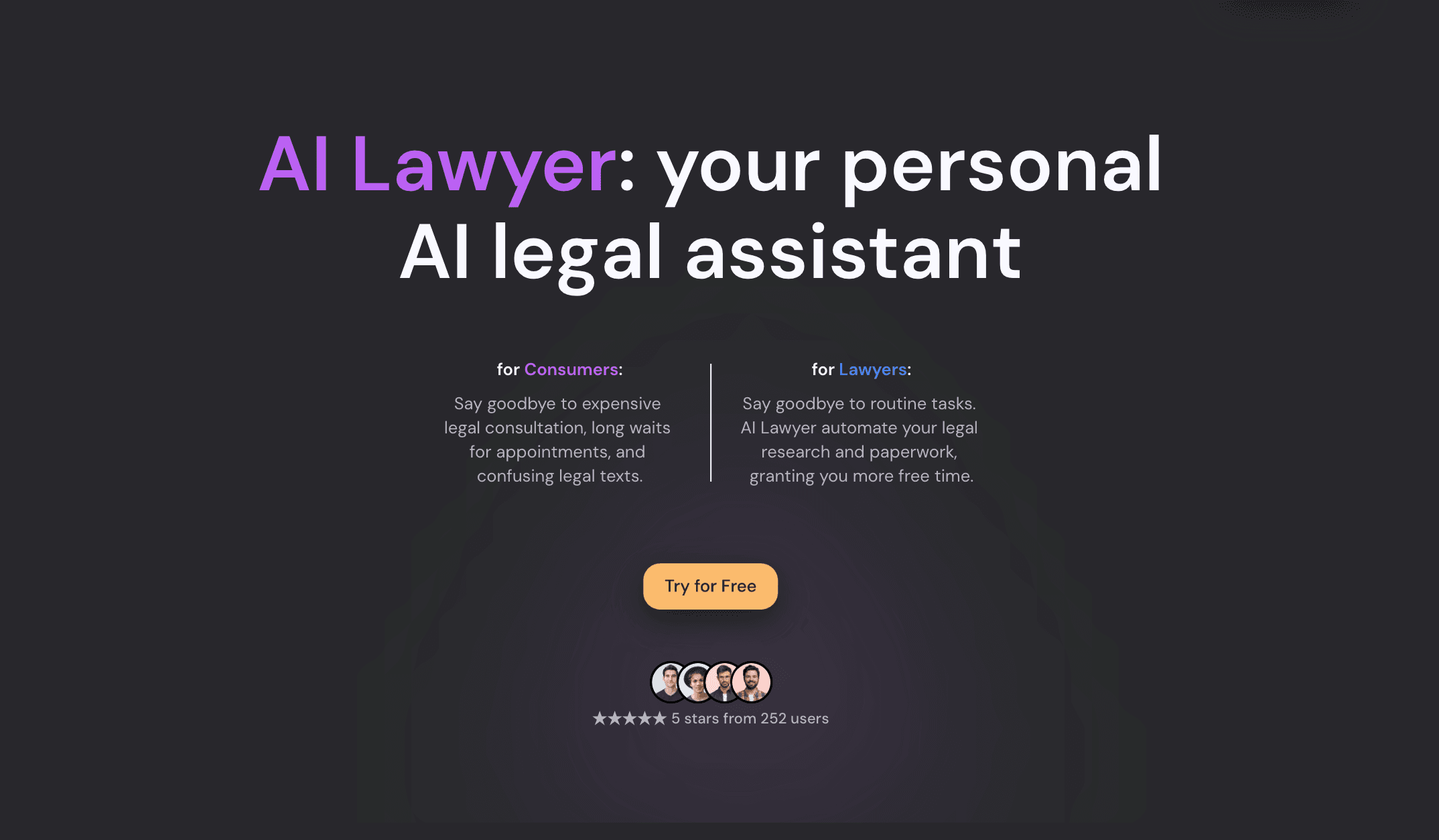 Ai lawyer main site window showing the interface and text reminding that the target audience is also lawyers.