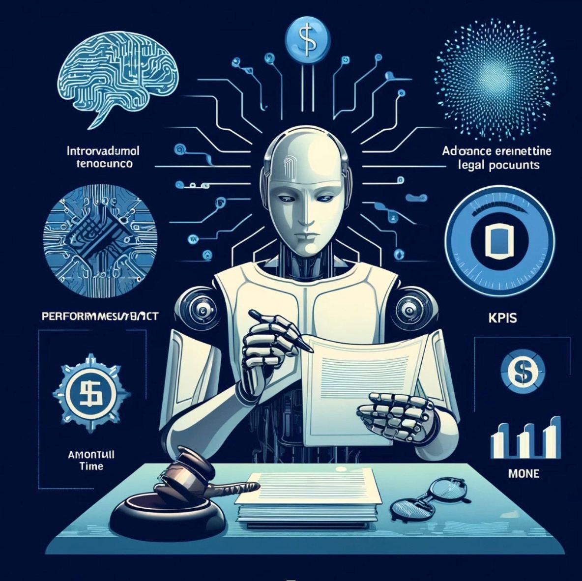 Visual representations of money, time, and KPIs, complementing the AI and legal elements.