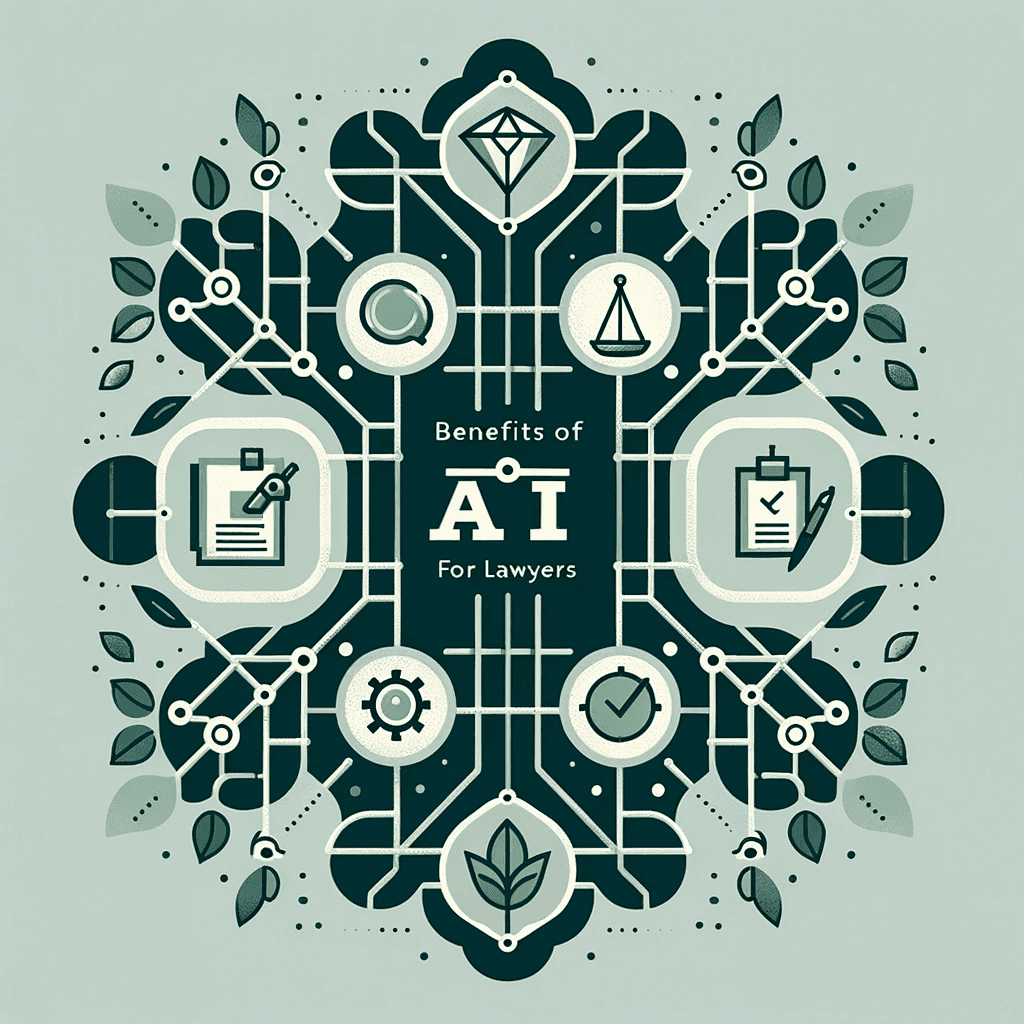 An elegant geometric illustration for 'Benefits of AI for Lawyers', displaying interconnected shapes that symbolize key advantages. A circle with a checkmark represents 'increased efficiency', a diamond with an eye signifies 'improved accuracy', and an octagon with scales denotes 'enhanced access to justice'. 