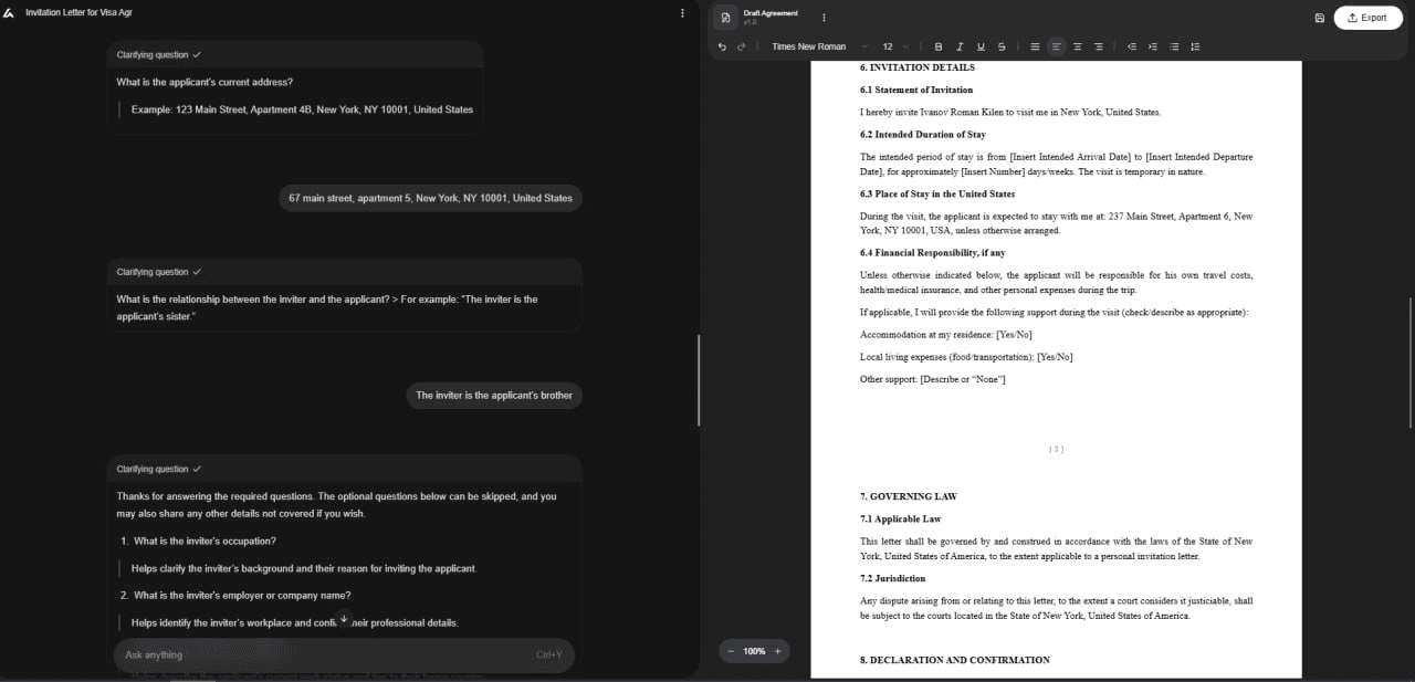 Screenshot of an Invitation Letter for Visa draft being built from guided questions.