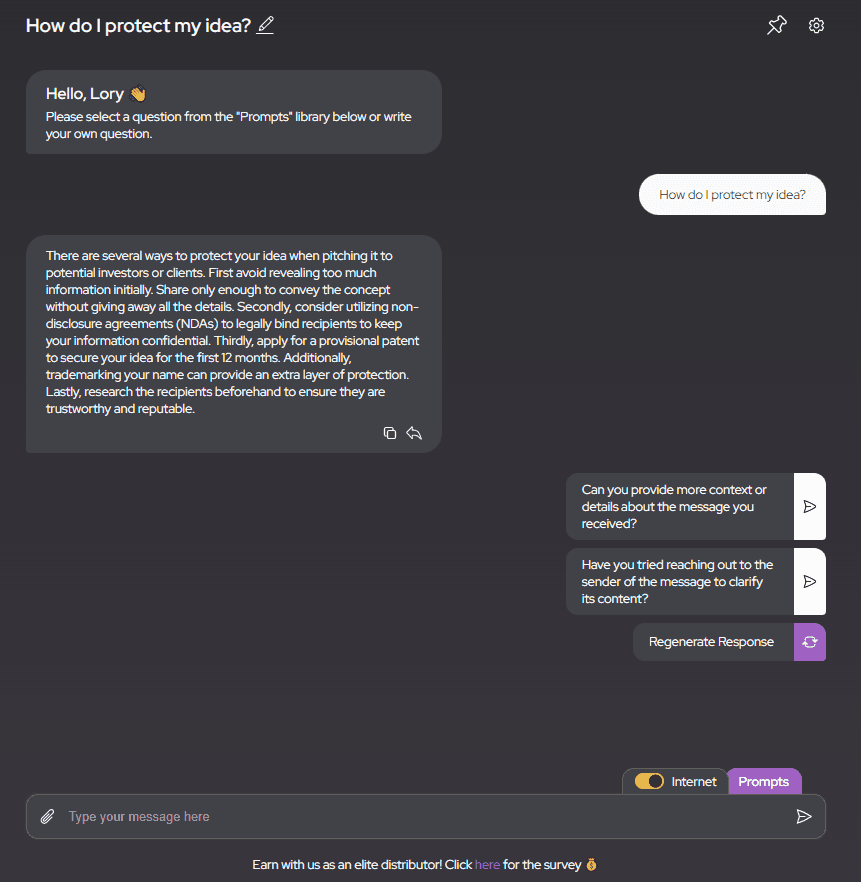 The AI legal assistant interface displays an answer to the question, "How do I protect my idea?" The AI suggests several protection strategies, including limiting initial information disclosure, using non-disclosure agreements, applying for provisional patents, and trademarking, emphasizing the importance of trustworthiness in sharing ideas.