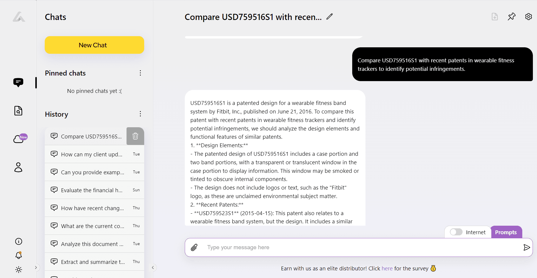 AI Lawyer interface showing a patent comparison chat about USD759516S1, with chat history on the left and Internet/Prompts toggle near the input bar.