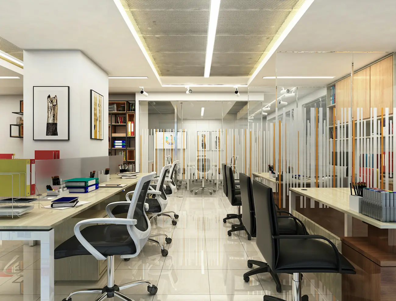 Empty office workspace with rows of desks, chairs, and shelving.
