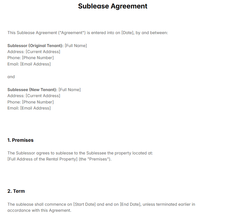 Sublease Agreement Template