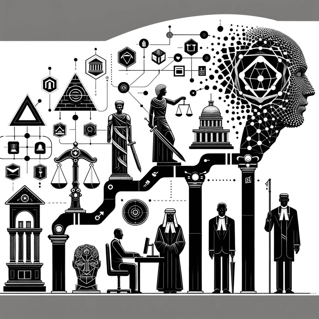 A black and white geometric cover illustration showcasing the evolution of the legal profession towards AI collaboration. The design features a chronological progression with iconic symbols from various eras: the justice pyramid, medieval scales, and modern courthouses. 