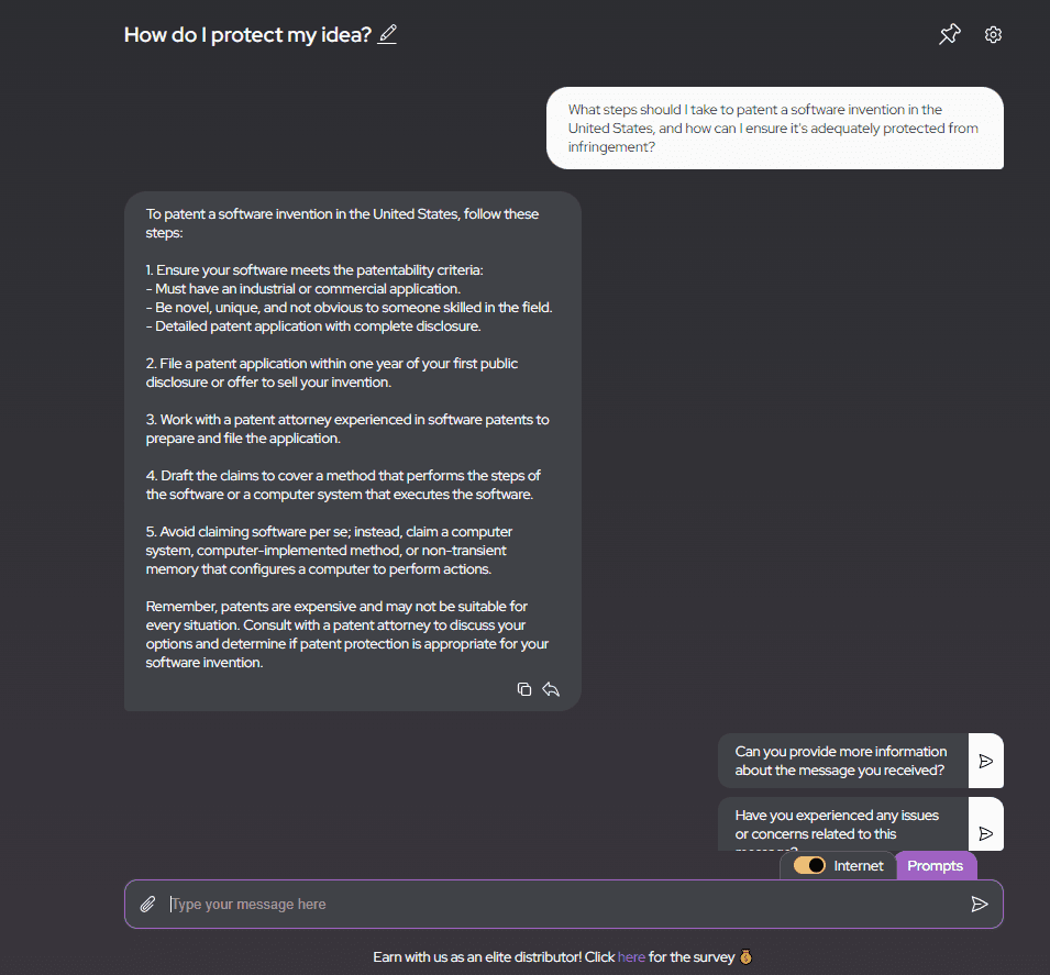 The interface provides a detailed response to a question about patenting a software invention in the United States. The AI outlines steps such as meeting patentability criteria, filing an application promptly, consulting with a patent attorney, drafting claims for a method or computer system, and a reminder about the cost and suitability of patents, suggesting the necessity of professional advice.