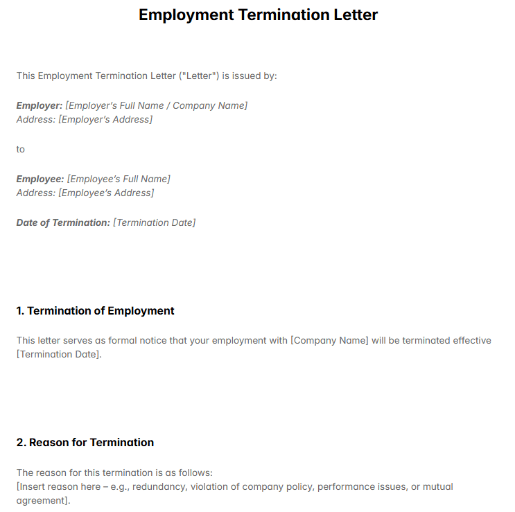 Employment Termination Letter Template