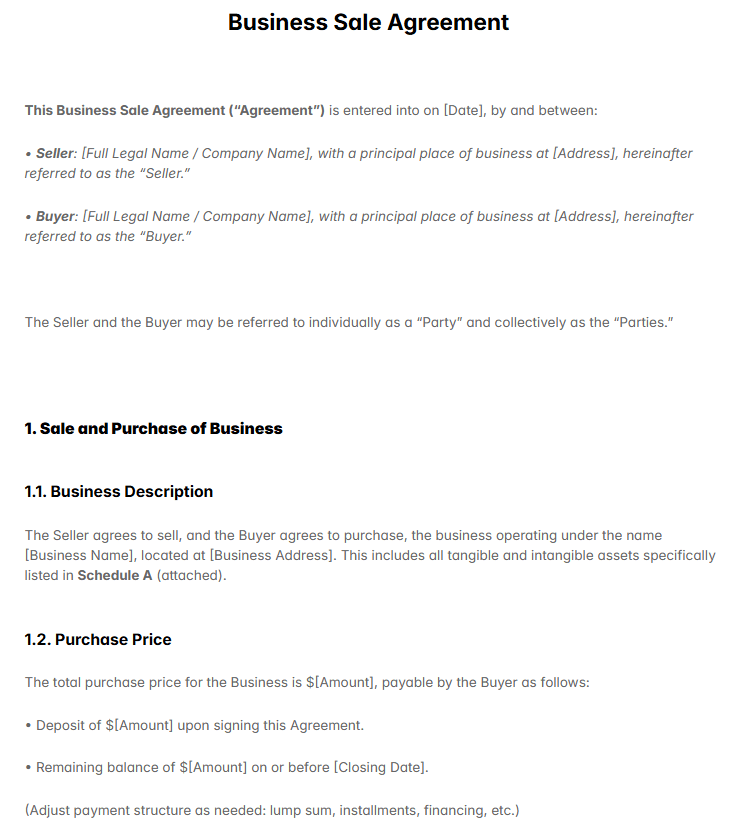 Business Sale Agreement Template