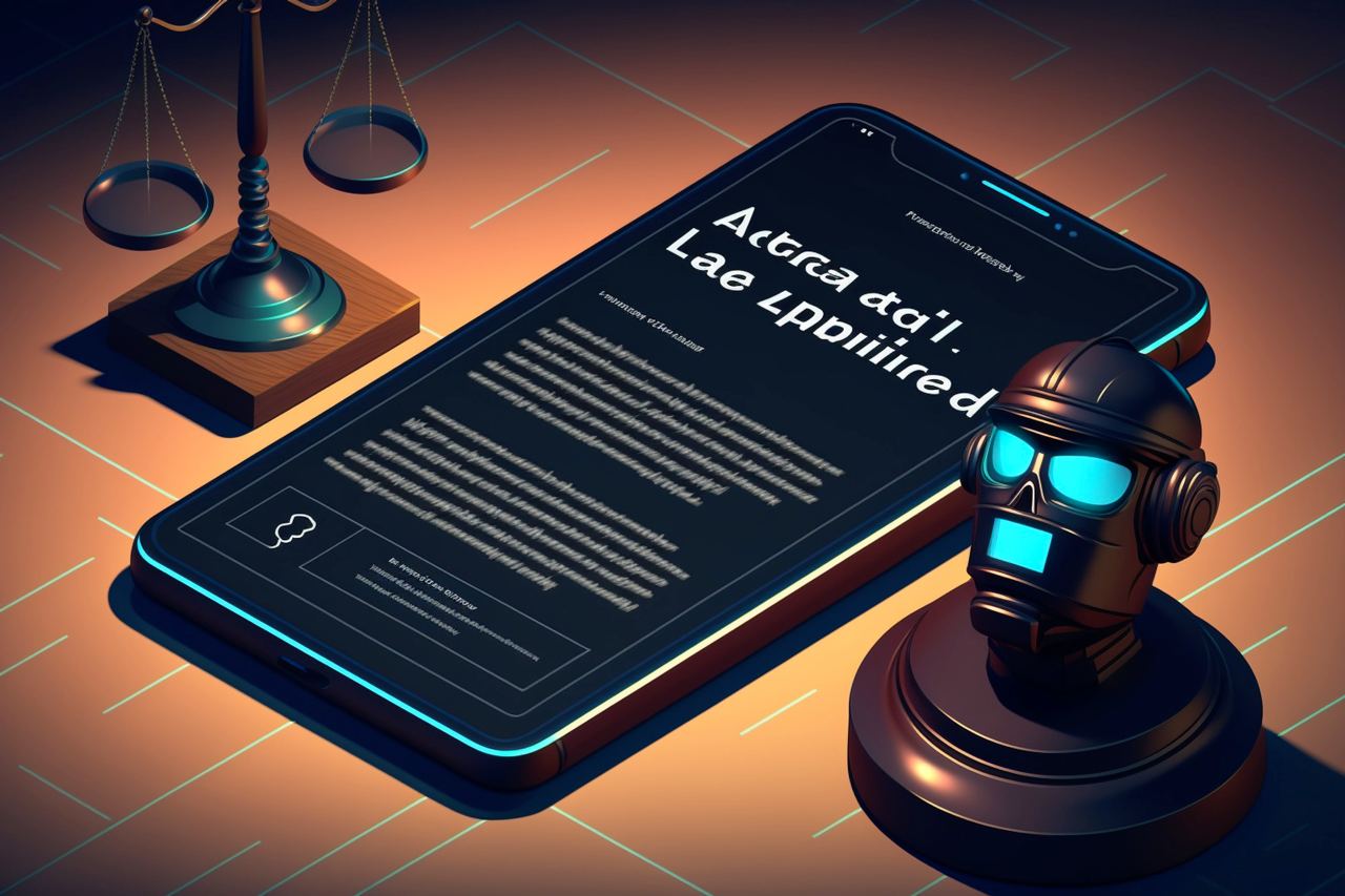 A futuristic illustration of a robot judge next to a smartphone displaying legal documents, with scales of justice in the background, symbolizing the intersection of law and artificial intelligence.