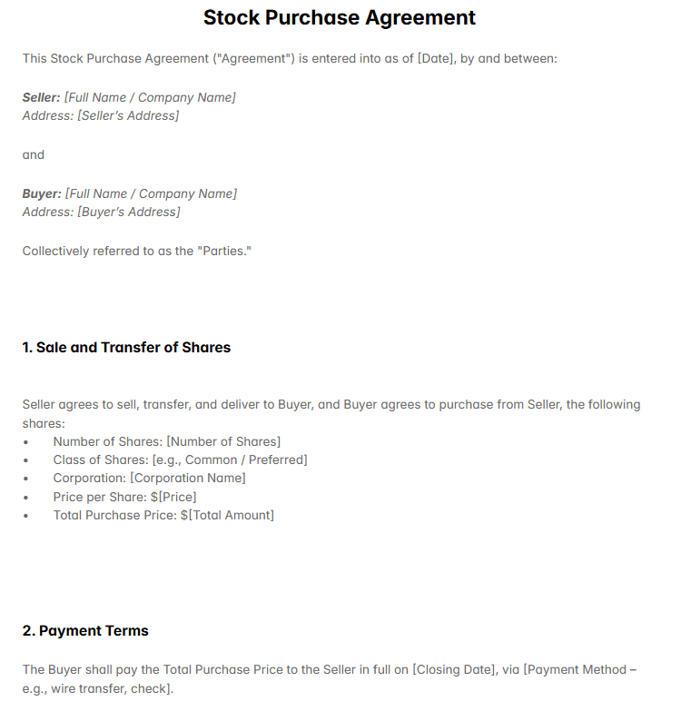 Stock Purchase Agreement Template