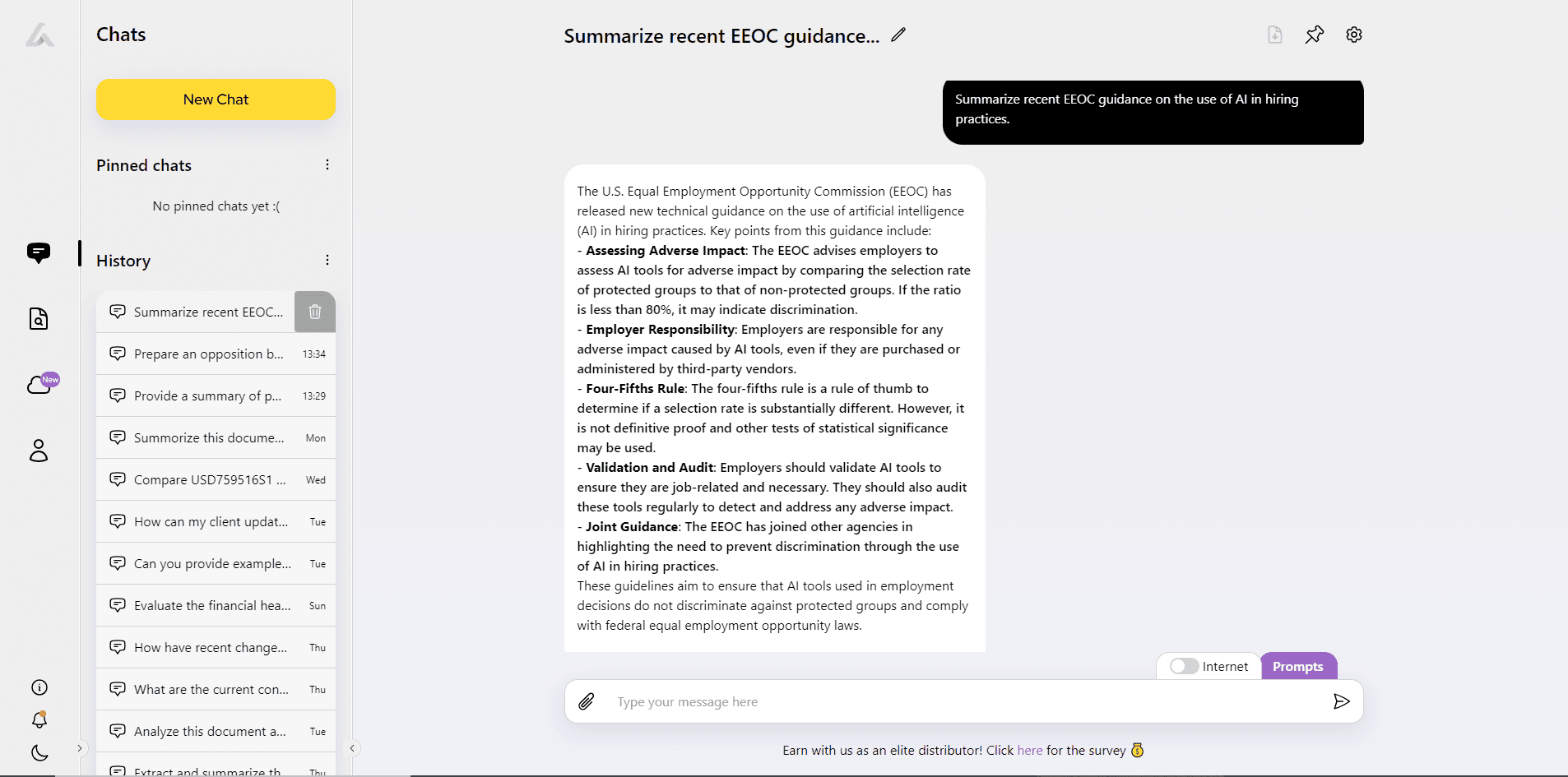 Screenshot of AI Lawyer chat summarizing recent EEOC guidance on using AI in hiring, with the user’s prompt and the detailed answer shown.